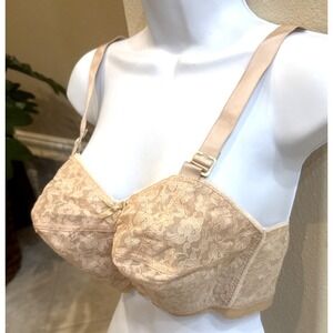 Vtg New 32FF LADY CAMEO Floral Bullet BRA Beige Lace Torpedo Cone Wireless USA